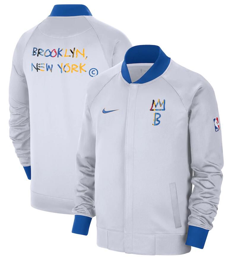 Men Brooklyn Nets White Nike City Edition Full Zip Jacket 2023 NBA Jersey